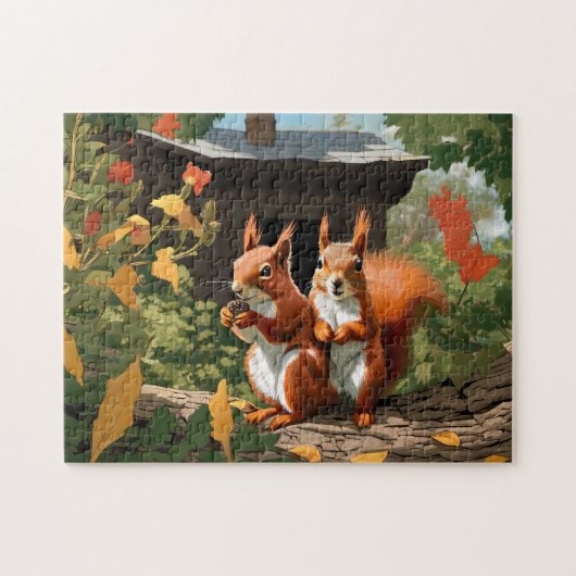 Puzzle Joyeux écureuils rouges dans une maison d'arbres (Horizontal)