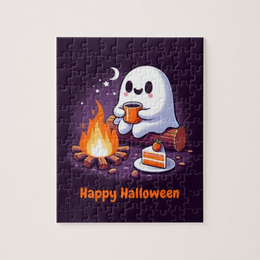 Puzzle Joyeux Halloween avec un fantôme boire du café (Vertical)