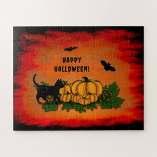 Puzzle Joyeux Halloween, Chat Noir, Chauve-souris et Citr