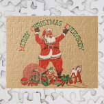 Puzzle Joyeux Noël à tous ! Père Noël vintage<br><div class="desc">Illustration vintage Design de Noël avec un Père Noël joyeux avec sa longue barbe blanche et portant un casquette. Père Noël est debout avec ses bras dans l'air et des jouets pour enfants (cheval, poupée, clown et une balle) tout autour de lui en criant Joyeux Noël Tout le monde !...</div>