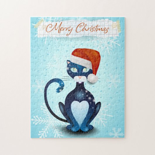 Puzzle Joyeux Noël avec chat noir avec Casquette Père Noë (Vertical)