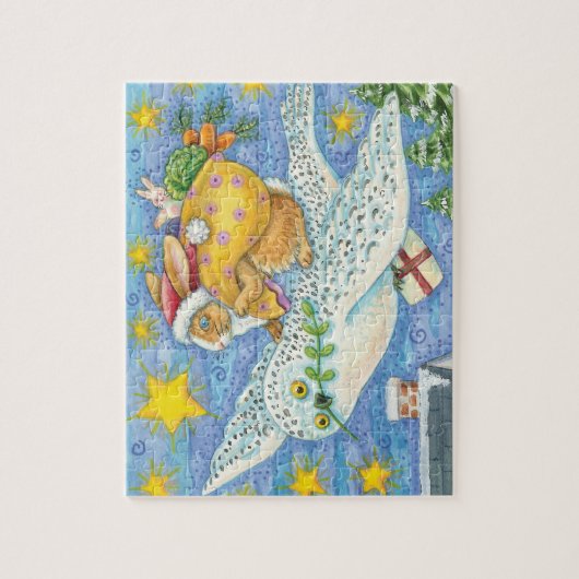 Puzzle Joyeux Noël avec un lapin en Père Noël sur un hibo (Vertical)