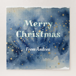 Puzzle joyeux noël bleu blanc étoiles aquarelle jaune