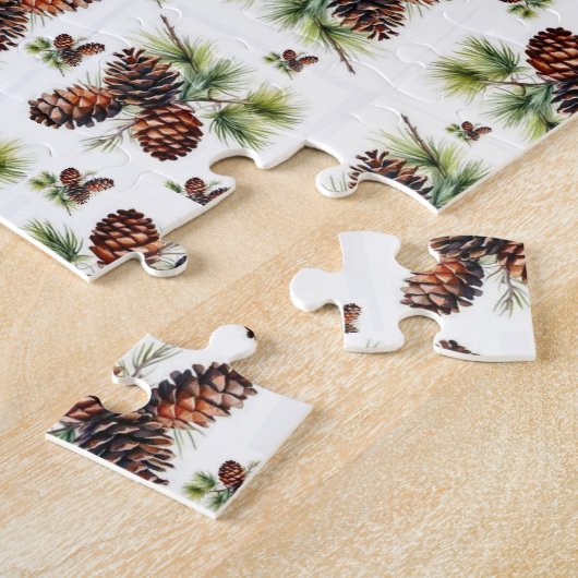 Puzzle Joyeux Noël Cônes de pin bruns Feuillage vert  (Côté)