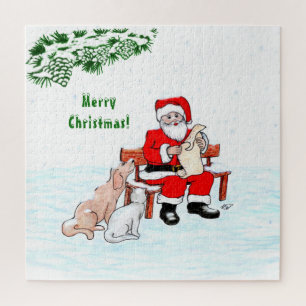 Puzzle Joyeux Noël! Père Noël avec chat et chien