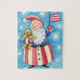 Puzzle Joyeux Noël, Père Noël patriotique avec drapeau