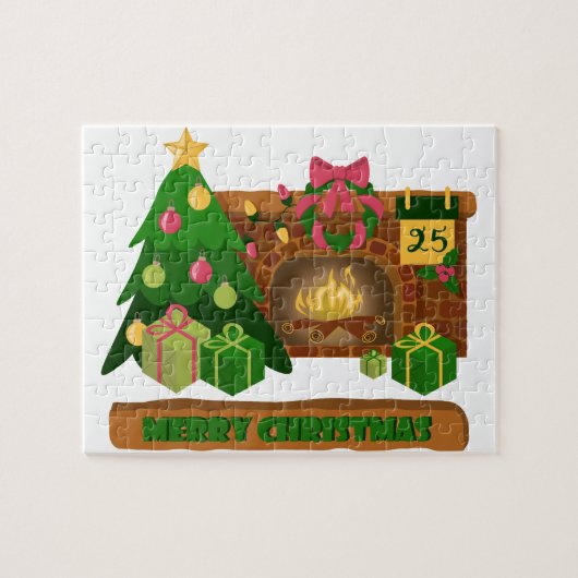 Puzzle Joyeux Noël près de la cheminée bonfire xmas arbre (Horizontal)
