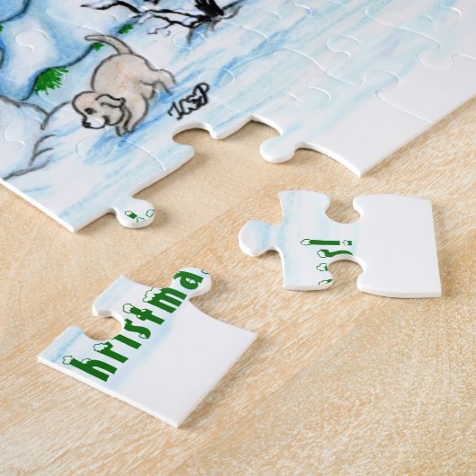 Puzzle Joyeux Noël ! Snowman avec chat et chiot (Côté)