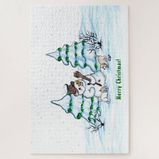 Puzzle Joyeux Noël ! Snowman avec chat et chiot (Vertical)