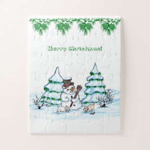 Puzzle Joyeux Noël ! Snowman avec chat et chiot