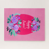 Puzzle Joyeux oeuf rose fleuri à l'aquarelle de Pâques (Horizontal)