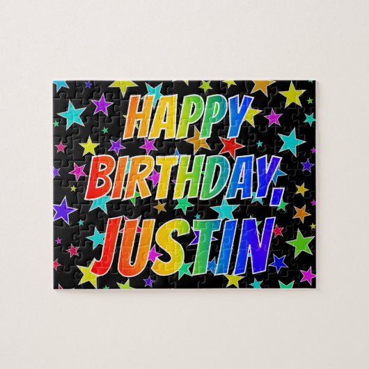 Puzzle "JUSTIN" Prénom, Amusant "HEUREUX ANNIVERSAIRE" (Horizontal)
