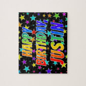 Puzzle "JUSTIN" Prénom, Amusant "HEUREUX ANNIVERSAIRE" (Vertical)