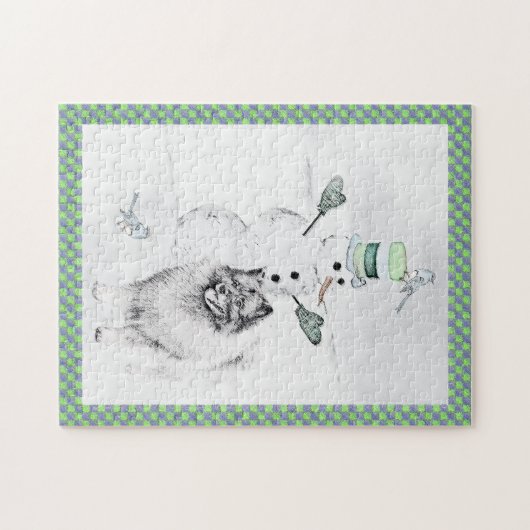 Puzzle Keeshond Noël Snowman Peinture Chien Art (Horizontal)
