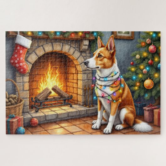 Puzzle Kelpie australien devant une cheminée avec des lum (Horizontal)