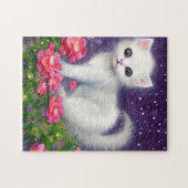 Puzzle Kitten blanc entouré de fleurs (Horizontal)