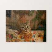 Puzzle Kitten peeking behind the Christmas tree (Horizontal)