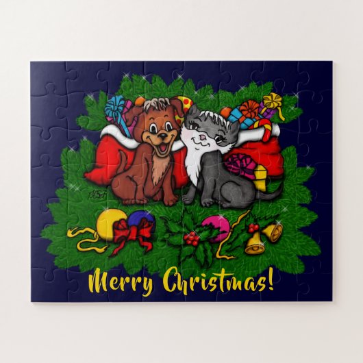 Puzzle Kitty et chiot, Happy XMas (Horizontal)
