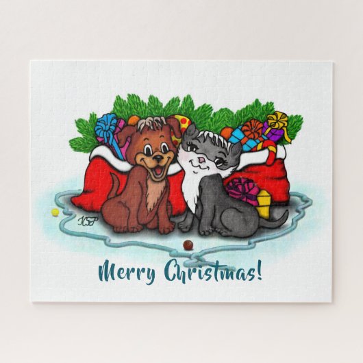 Puzzle Kitty et chiot, Happy XMas (Horizontal)