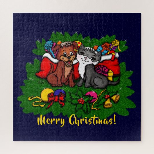 Puzzle Kitty et chiot, Happy XMas (Vertical)