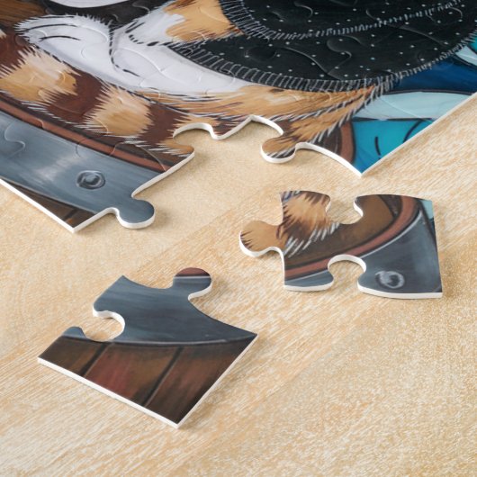 Puzzle Kitty Pirate en pull noir flou avec un café (Côté)