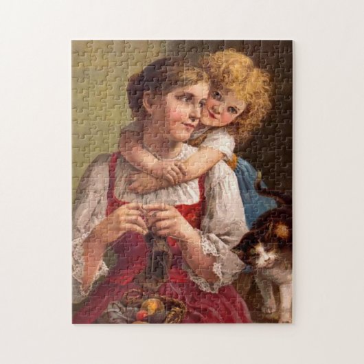 Puzzle Knitting mother with child and cat (Vertical)