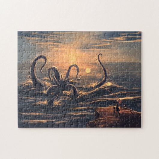 Puzzle Kraken dans la mer au coucher du soleil (Horizontal)
