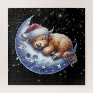 Puzzle La vache de père Noël Highland dort sur la lune