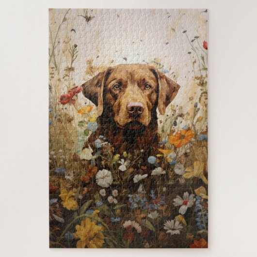 Puzzle Labrador chocolat et fleurs sauvages (Vertical)