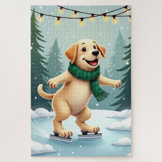 Puzzle Labrador Retriever Ice Skating Christmas Painting (Vertical)