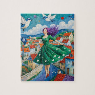 Puzzle Lady Flyinh Aux Cheveux Violets