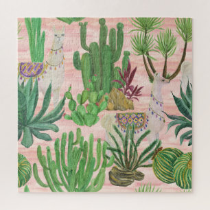 Puzzle Lamas aquarelle et motif cactus.