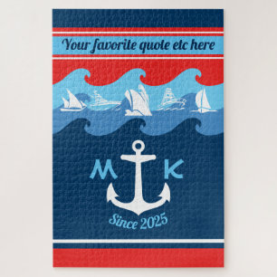 Puzzle L'Ancre de monogramme ondule nautique bleu blanc