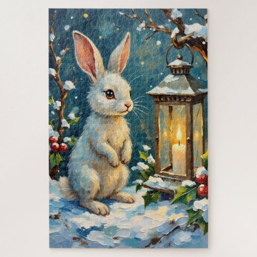 Puzzle Lapin blanc vintage avec lanterne de Noël (Vertical)