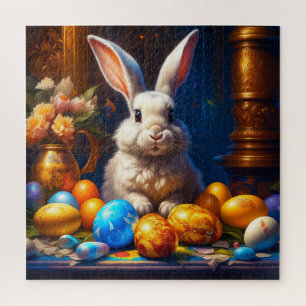 Puzzle Lapin de Pâques blanc baroque avec des oeufs