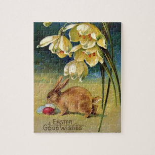 Puzzle Lapin, Oeufs et gouttes de neige, vintage 1910