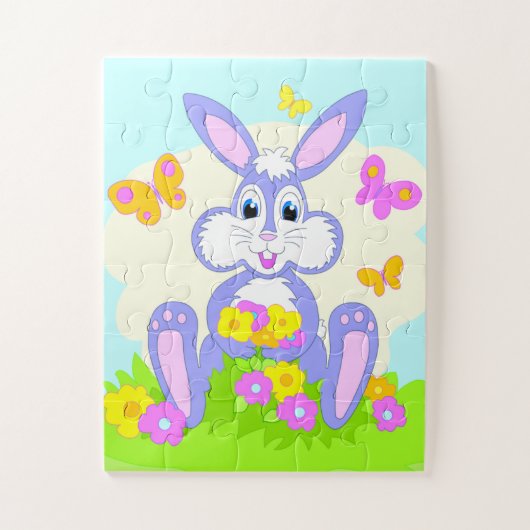 Puzzle Lapin Violet Mignon Papillons Fleurs Joyeux (Vertical)