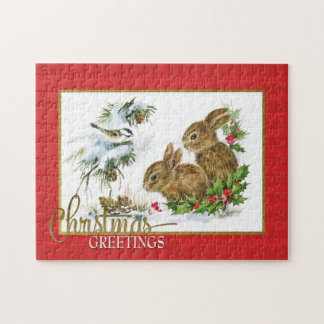 Puzzle Lapins de vœux de Noël Reproduction Vintage