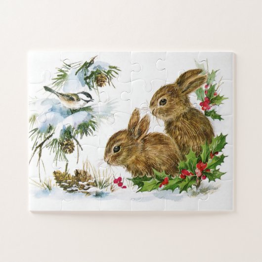 Puzzle Lapins mésanges Noël Holly Xmas (Horizontal)