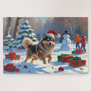 Puzzle Lapphund finnois courant dans la neige avec un cha