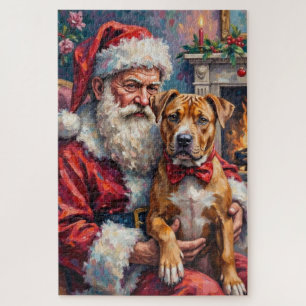 Puzzle L'art de Noël de Santa Claus tenant un Pitbull