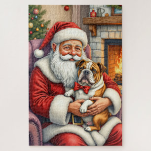 Puzzle L'art de Noël du Père Noël tenant un Bulldog