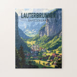 Puzzle Lauterbrunnen Suisse Travel Art Vintage<br><div class="desc">Lauterbrunnen design de déplacement vectoriel rétro. Situé dans une vallée avec des falaises rocheuses et les chutes de Staubbach rugissantes.</div>