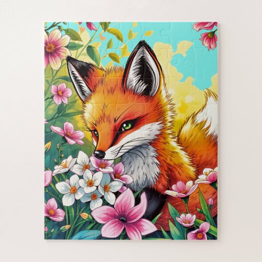 Puzzle Le renard curieux dans un jardin fleuri pour enfan (Vertical)