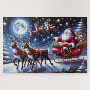Puzzle Le traîneau du Père Noël avec des rennes la nuit d