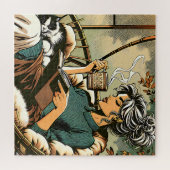 Puzzle Lecture douce Lady avec café et chat (Horizontal)