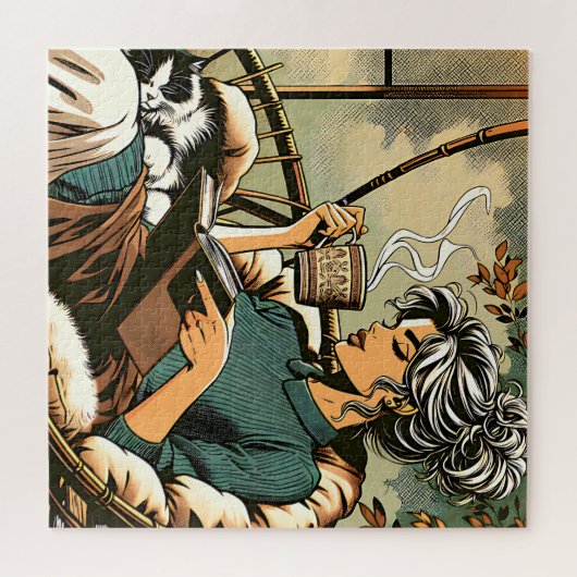 Puzzle Lecture douce Lady avec café et chat (Horizontal)