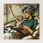 Puzzle Lecture douce Lady avec café et chat (Vertical)