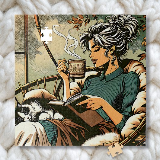 Puzzle Lecture douce Lady avec café et chat
