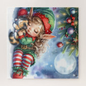 Puzzle L'elfe de Noël endormi avec un chaton calicot (Horizontal)